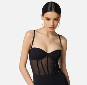 RED CARPET DRESS IN LIGHTWEIGHT CREPE AND TULLE FABRICS BY ELISABETTA FRANCHI FALL 25