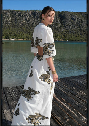 CUT OUT EMBROIDERED ISLAND DRESS MADE IN GREECE SPRING 24