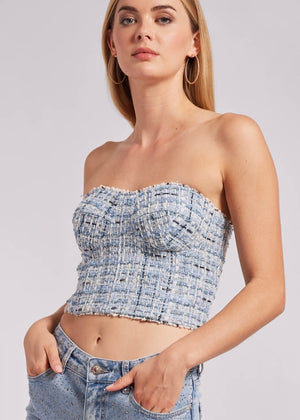CORALINE TWEED BUSTIER IN BLUE MIX BY GENERATION LOVE SPRING 24