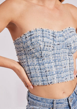 CORALINE TWEED BUSTIER IN BLUE MIX BY GENERATION LOVE SPRING 24