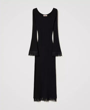 TWIN SET MIDI RIBBED KNIT DRESS WITH LACE