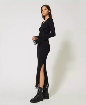 
            
                Load image into Gallery viewer, MIDI RIBBED KNIT DRESS WITH LACE BY TWIN SET FALL 23 HOLIDAY
            
        