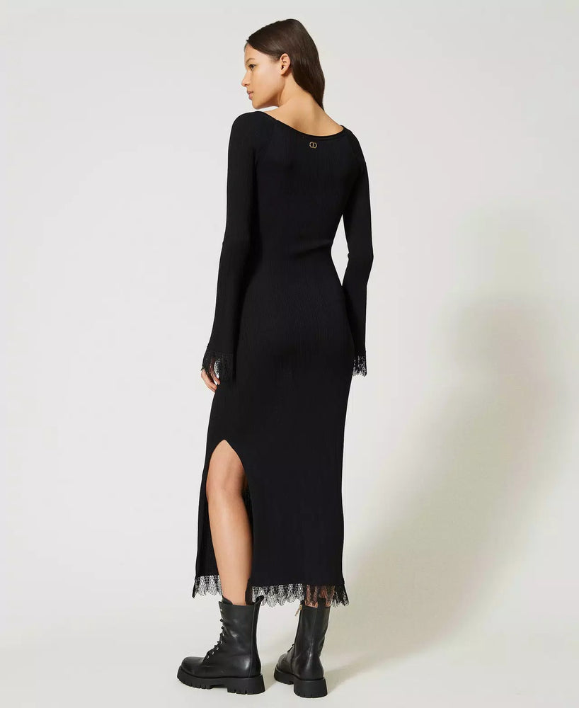 
            
                Load image into Gallery viewer, MIDI RIBBED KNIT DRESS WITH LACE BY TWIN SET FALL 23 HOLIDAY
            
        