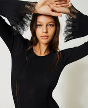 TWIN SET MIDI RIBBED KNIT DRESS WITH LACE