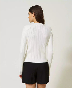 
            
                Load image into Gallery viewer, RIBBED KNIT MANDARIN COLLARED CARDI BY TWIN SET FALL 23
            
        