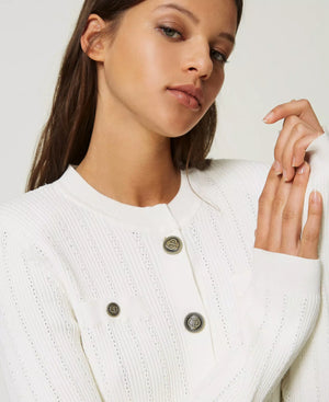 
            
                Load image into Gallery viewer, RIBBED KNIT MANDARIN COLLARED CARDI BY TWIN SET FALL 23
            
        