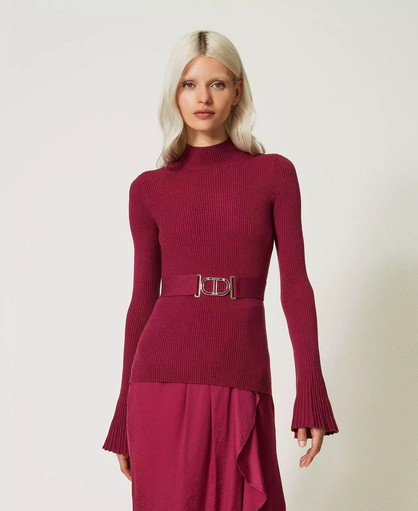 
            
                Load image into Gallery viewer, FITTED JUMPER WITH OVAL T BUCKLE BY TWIN SET FALL 23 HOLIDAY
            
        