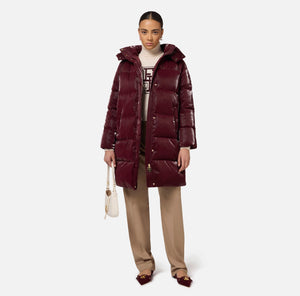 LONG SATIN NYLON DOWN COAT WITH HOOD BY ELISABETTA FRANCHI FALL 24