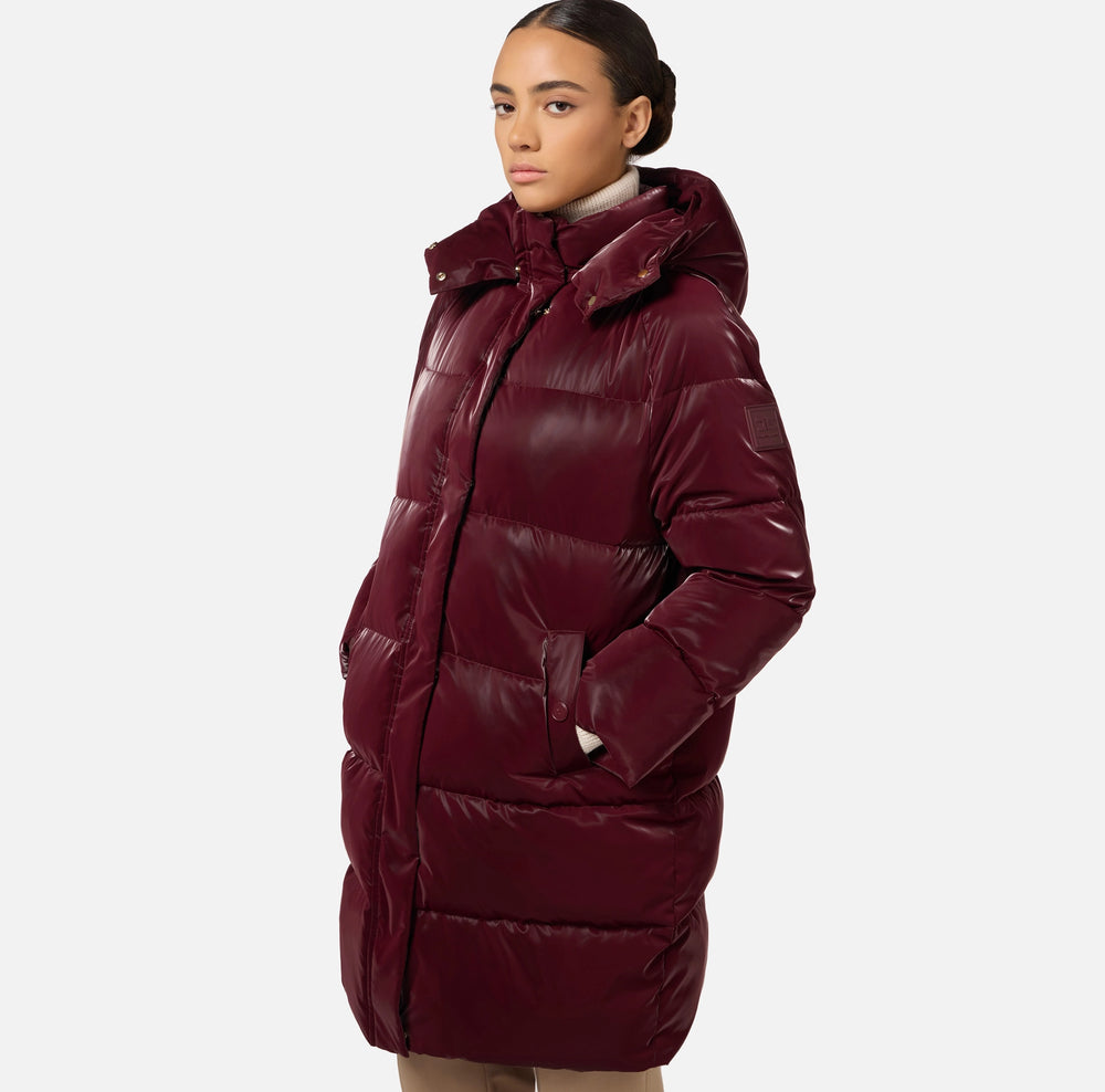 LONG SATIN NYLON DOWN COAT WITH HOOD BY ELISABETTA FRANCHI FALL 24