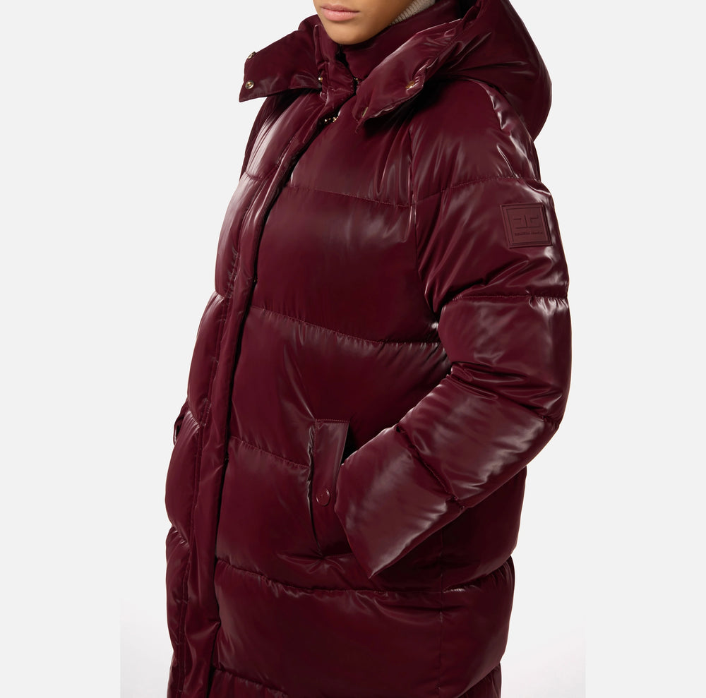 LONG SATIN NYLON DOWN COAT WITH HOOD BY ELISABETTA FRANCHI FALL 24