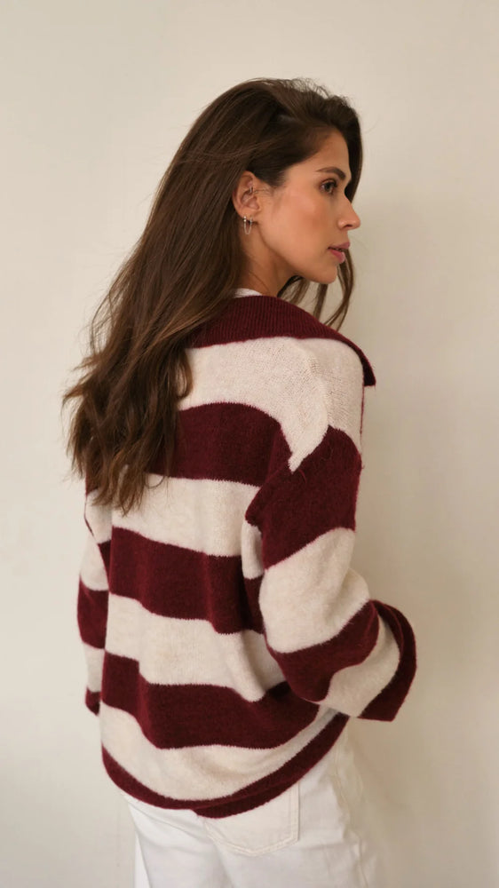 ARLO SWEATER IN RUBY STRIPES FALL 25