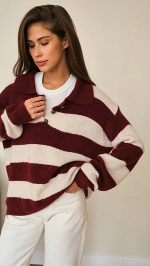 ARLO SWEATER IN RUBY STRIPES FALL 25