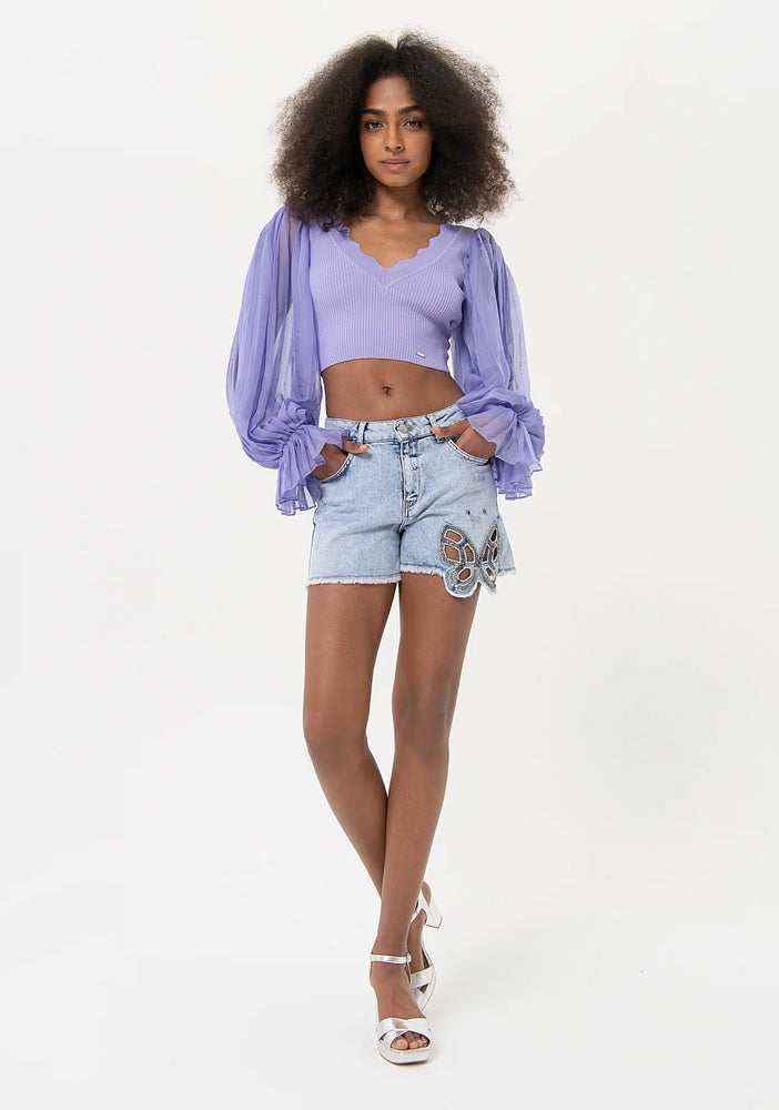 BLEACHED SHORTS IN DENIM WITH EMBELLISHED BUTTERFLY BY FRACOMINA SPRING 24