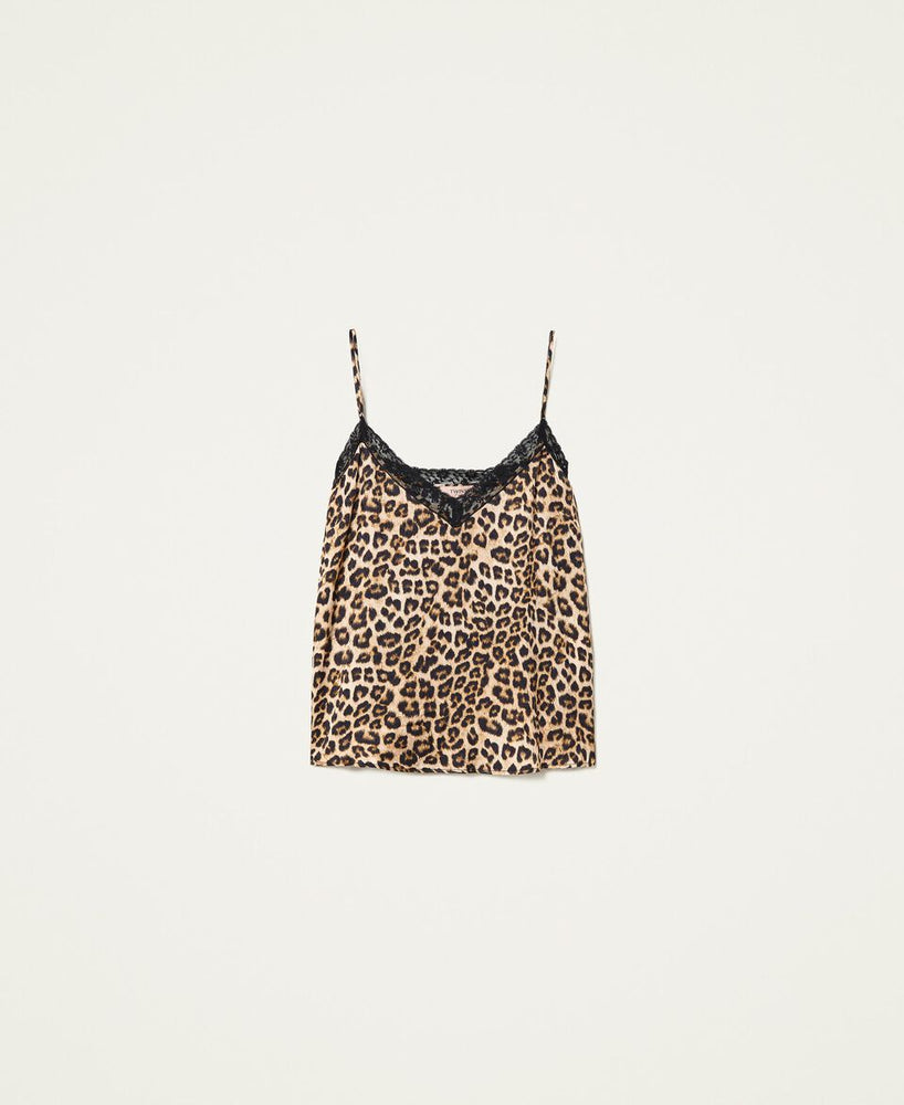 
            
                Load image into Gallery viewer, TWIN SET ANIMAL PRINT SATIN CAMI WITH LACE FALL 23 HOLIDAY
            
        