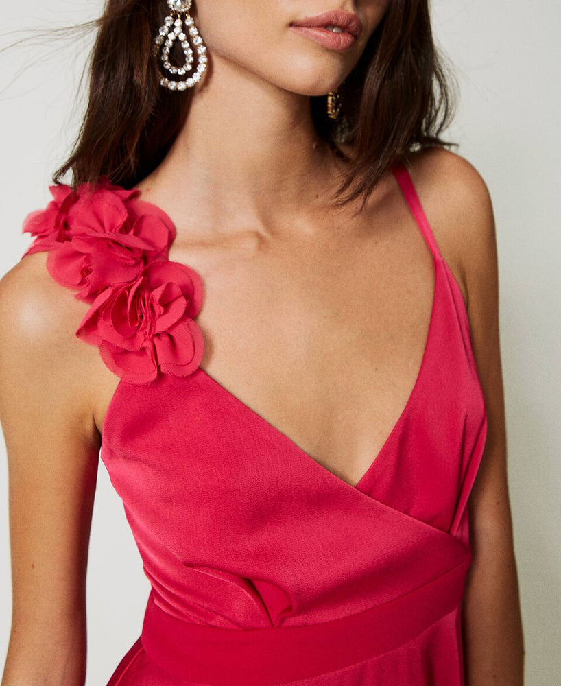 
            
                Load image into Gallery viewer, SHOULDER STRAP DRESS WITH ORGANZA FLOWERS IN CERISE FALL 23
            
        