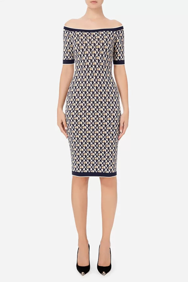 
            
                Load image into Gallery viewer, CALF LENGTH DRESS IN JACQUARD LETTERING IN NAVY BY ELIZABETTA FRANCHI SPRING 23
            
        