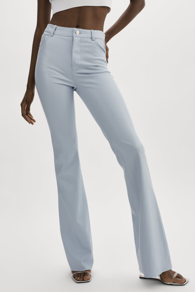 PLEATHER BABY BLUE BOOT LEG PANT BY LAMARQUE SPRING 23