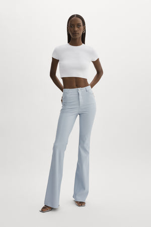 PLEATHER BABY BLUE BOOT LEG PANT BY LAMARQUE SPRING 23